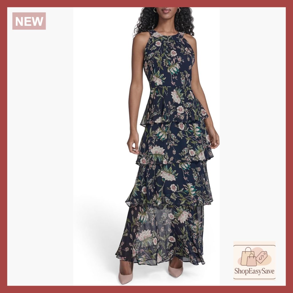 Sleeveless Floral Halter Maxi Dress Tiered Skirt Elegant Boho Chic Summer